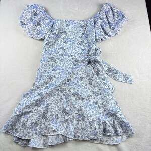 WOMEN'S TRIXXI BLUE FLORAL FAUX WRAP PUFF SLEEVED DRESS - small